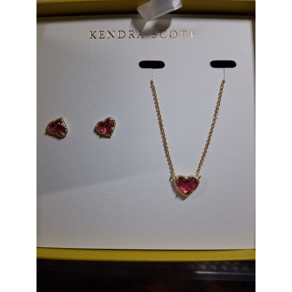 Kendra Scott Anna Earrings Girls Gold Necklace Hearts Ruby Red NOS Discontinued
